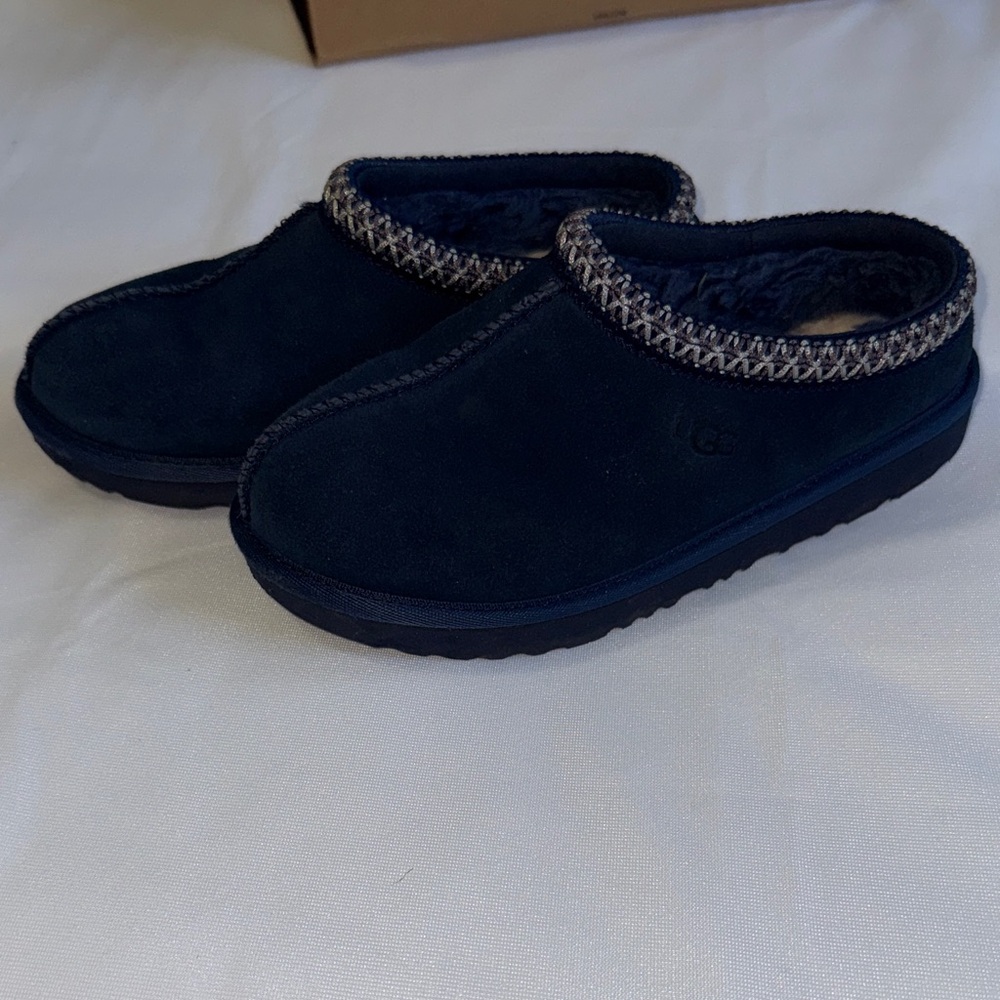 UGG Navy Suede Plush-Lined Slide Clogs with Knit Trim